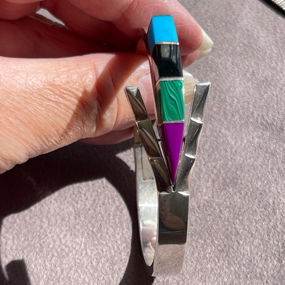 Vintage Taxco Multi-stone Hinged Sterling Silver Bracelet 36.70 grams - Picture 2 of 9